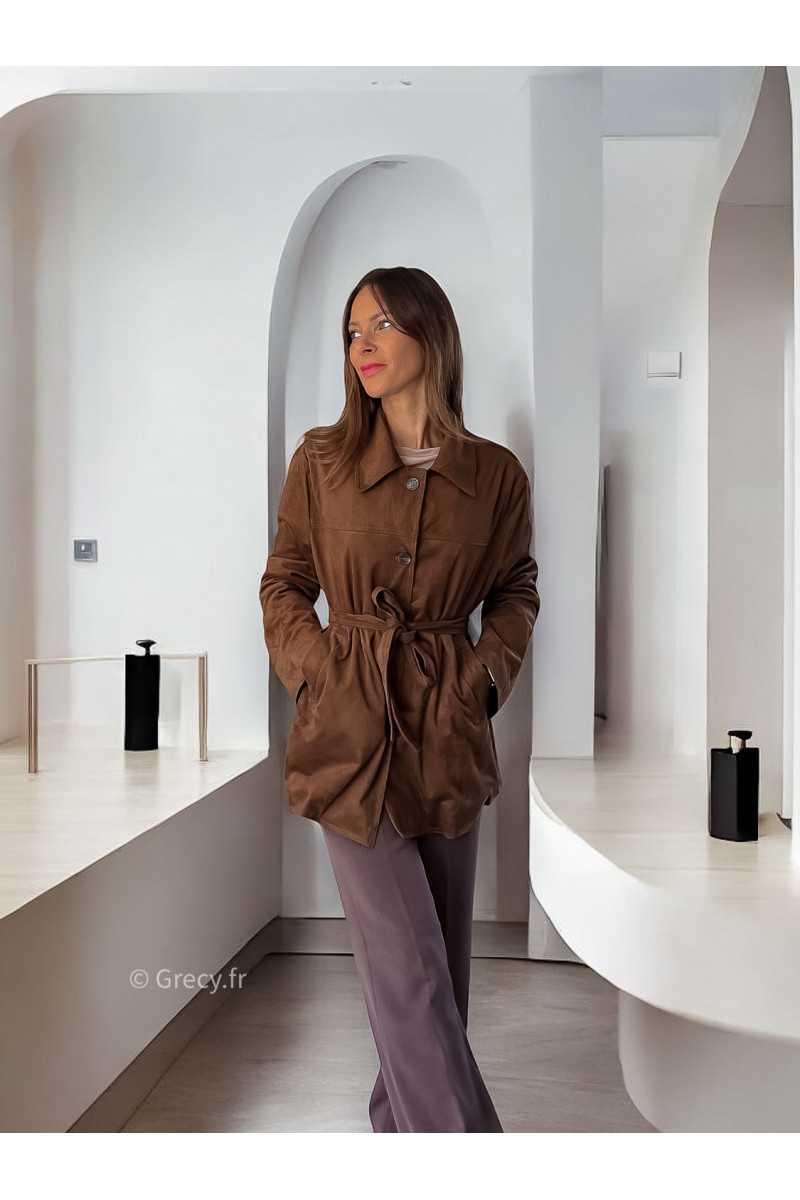 Veste suédine marron ceinturée automne hiver mode grecy tendance look