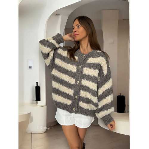 Cardigan gilet bouclette oversize rayures taupe laine alpaga tendance mode grecy look automne hiver 2024