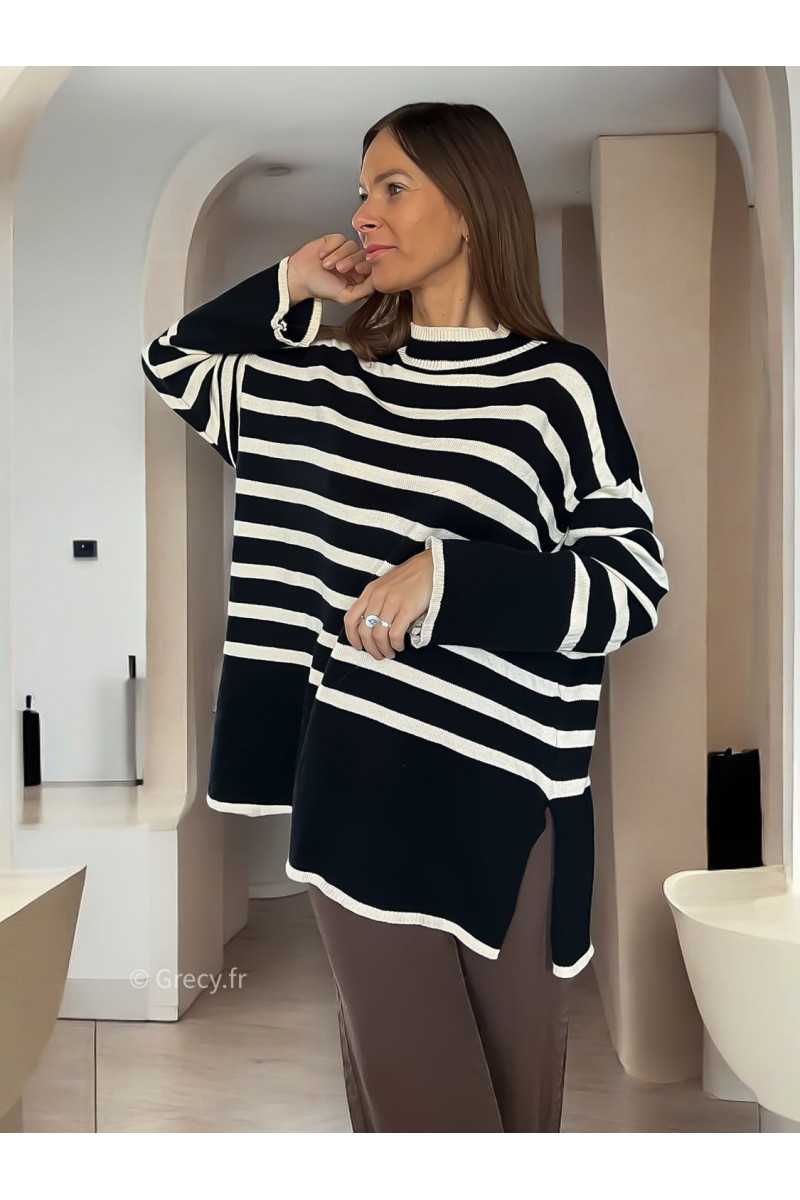 Pull oversize rayures noir grecy mode tendance automne hiver large