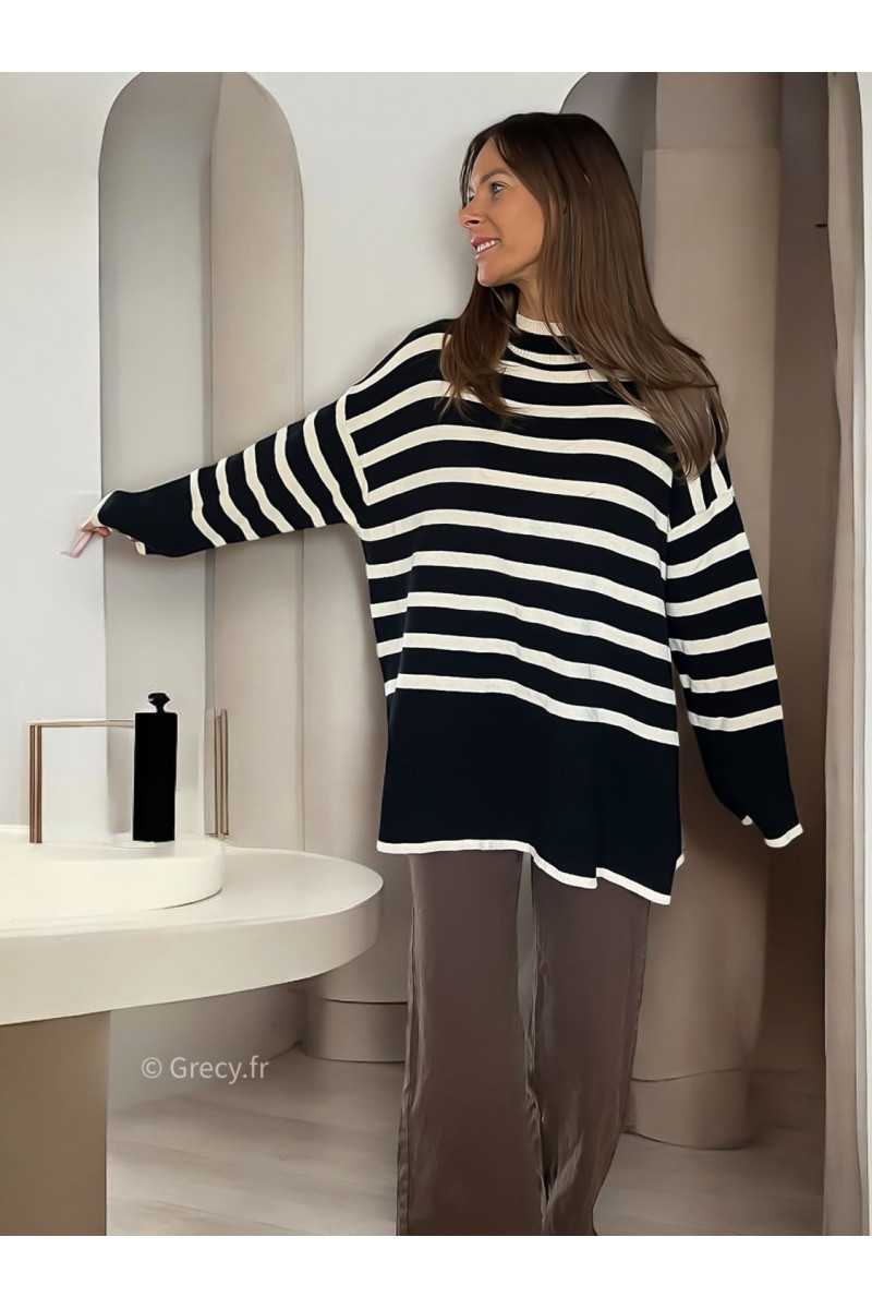 Pull oversize rayures noir grecy mode tendance automne hiver large