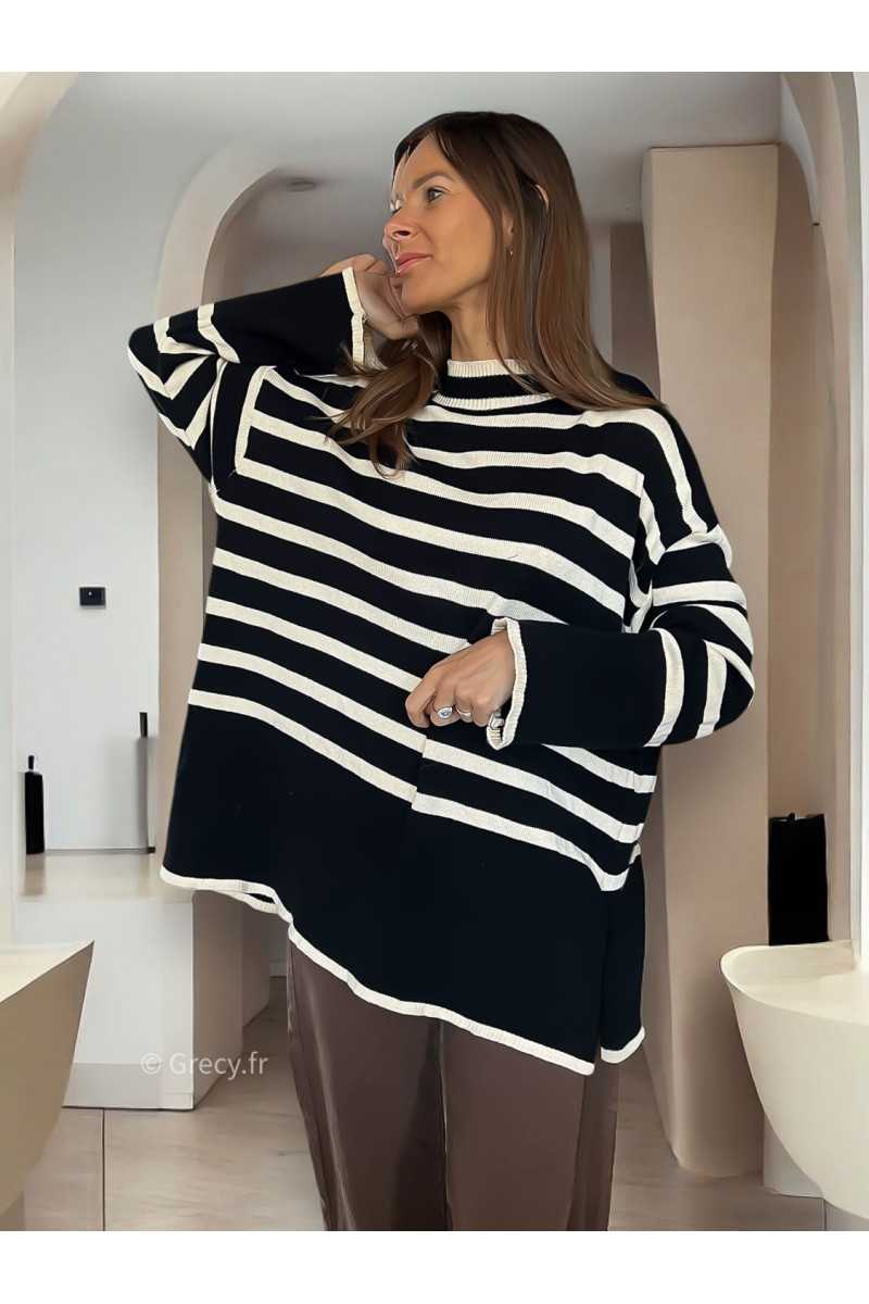 Pull oversize rayures noir grecy mode tendance automne hiver large
