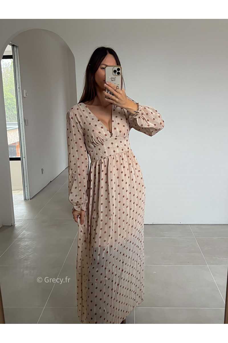 robe longue beige pois manches longues grecy mode look tendance tenue automne hiver