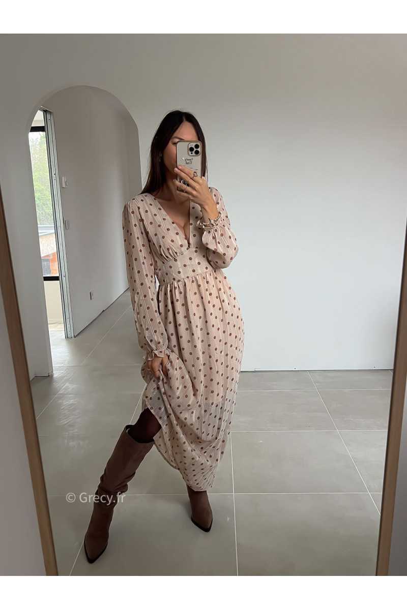 robe longue beige pois manches longues grecy mode look tendance tenue automne hiver