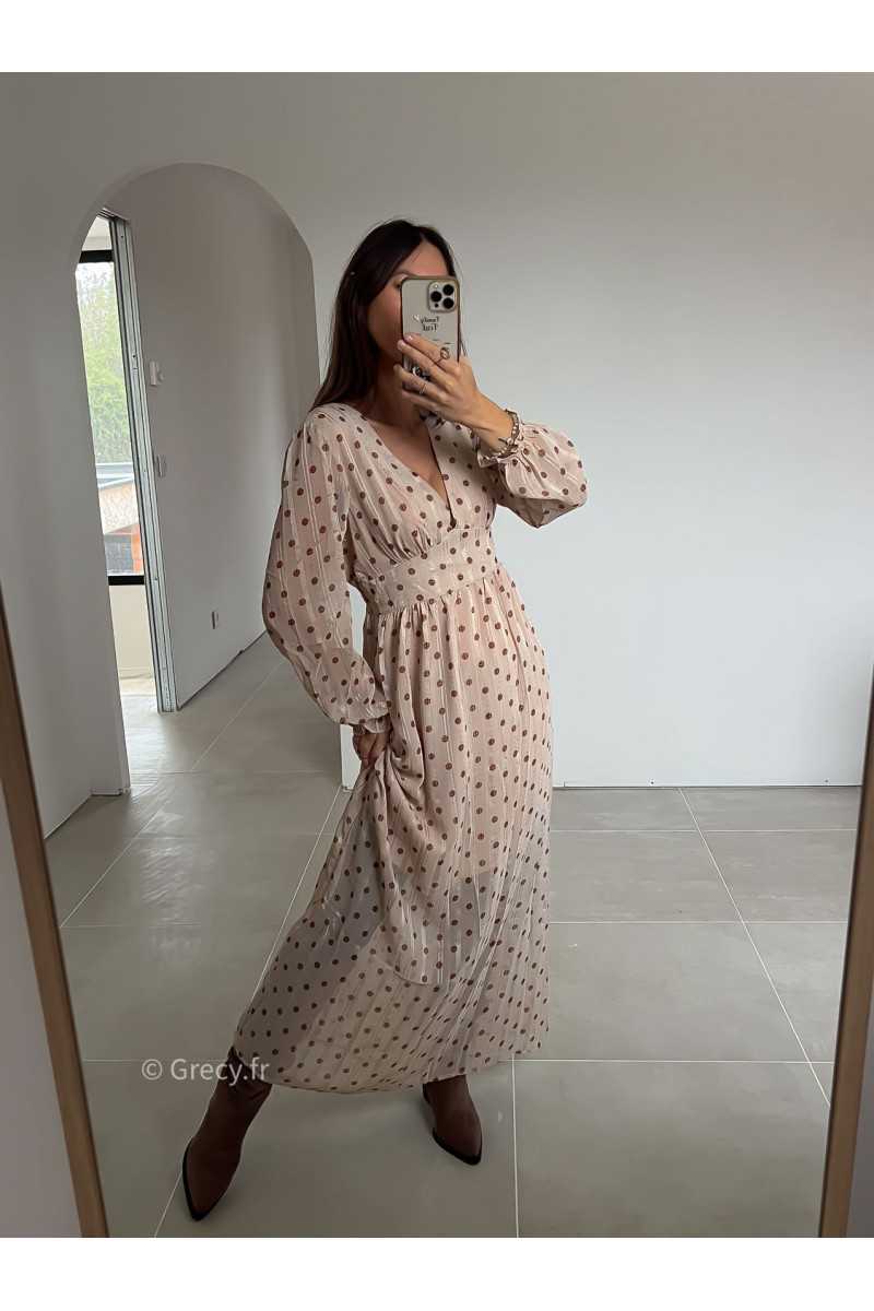 robe longue beige pois manches longues grecy mode look tendance tenue automne hiver