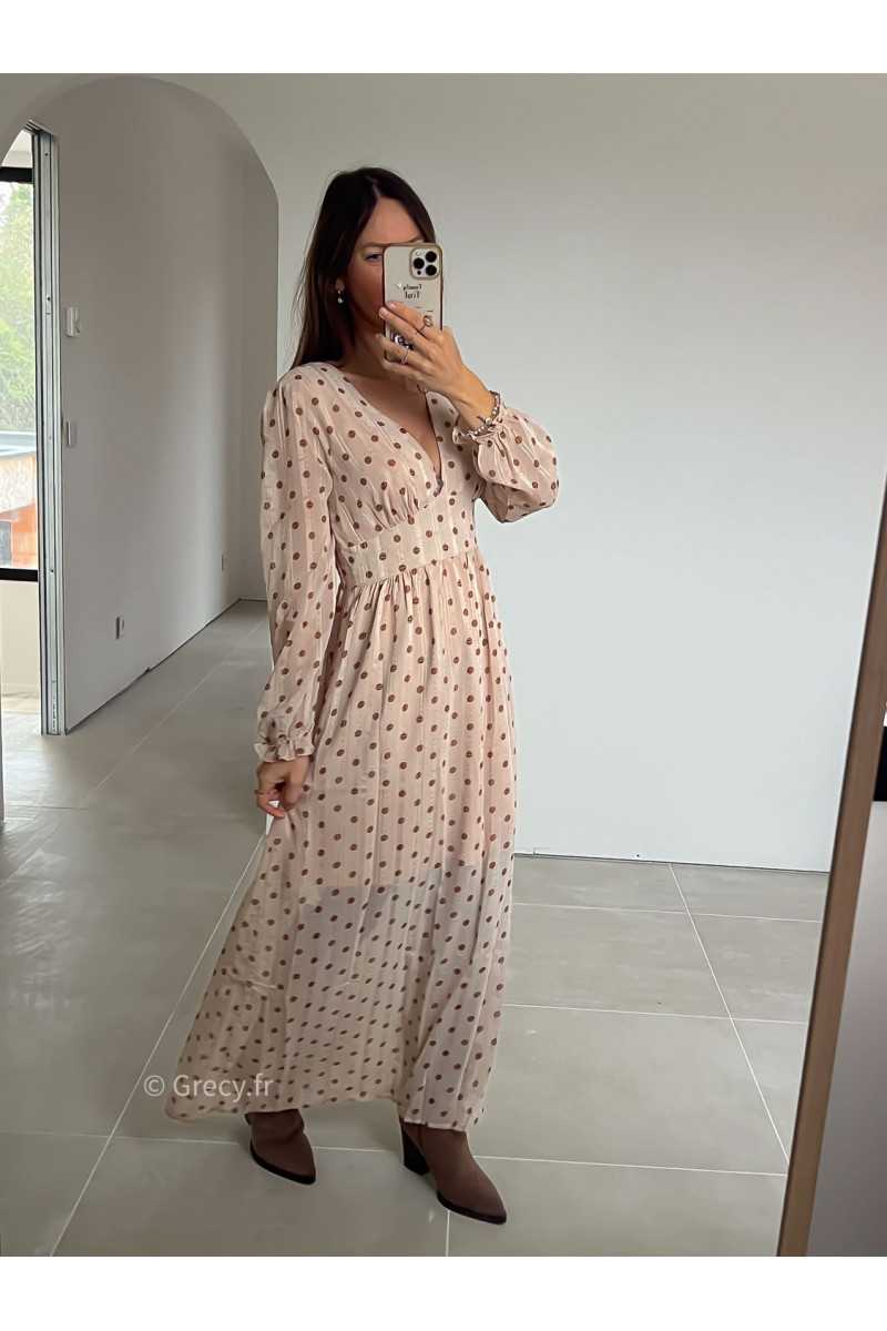 robe longue beige pois manches longues grecy mode look tendance tenue automne hiver