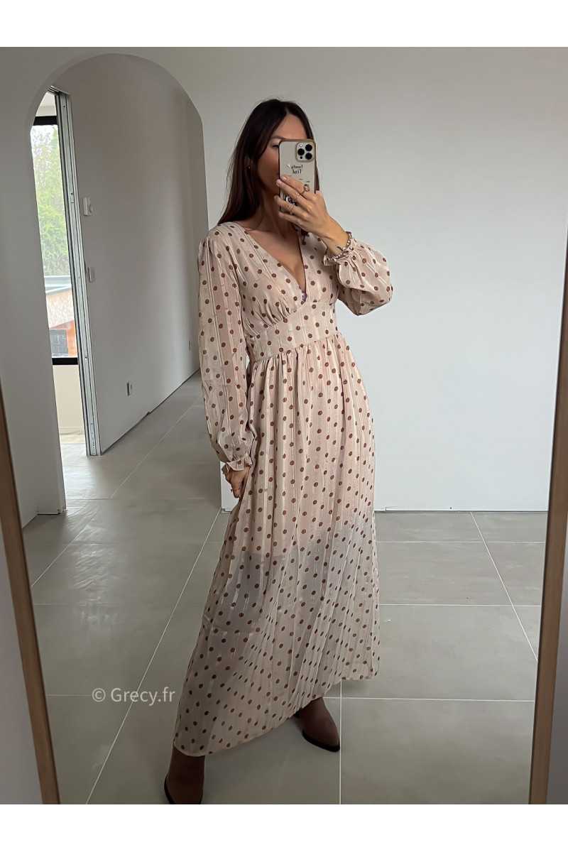 robe longue beige pois manches longues grecy mode look tendance tenue automne hiver