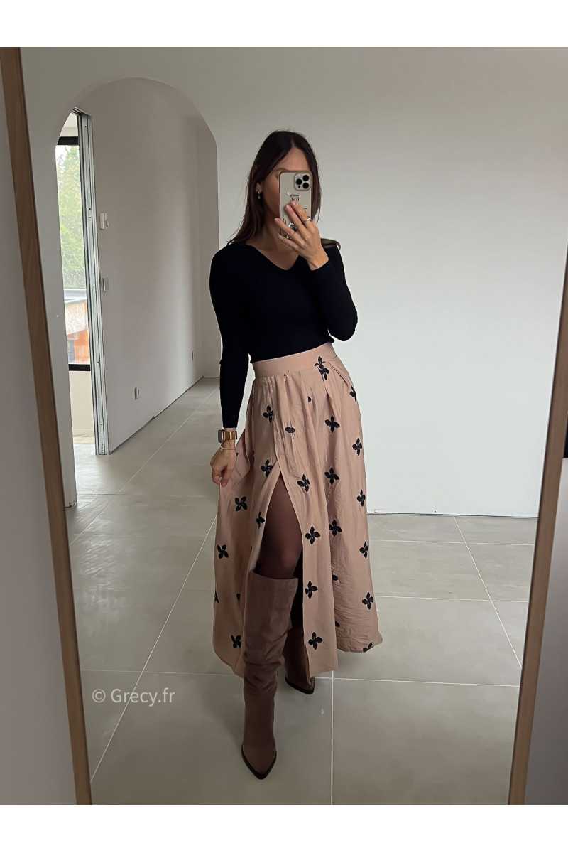 Jupe longue beige avec imprime fleurs noires Couleur beige Taille S M