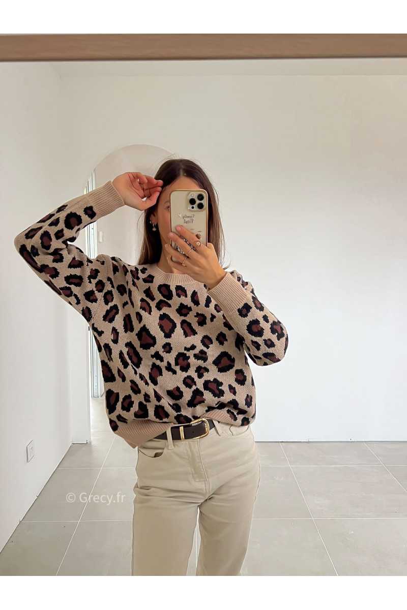 pull léopard col rond grecy mode look tendance tenue automne hiver