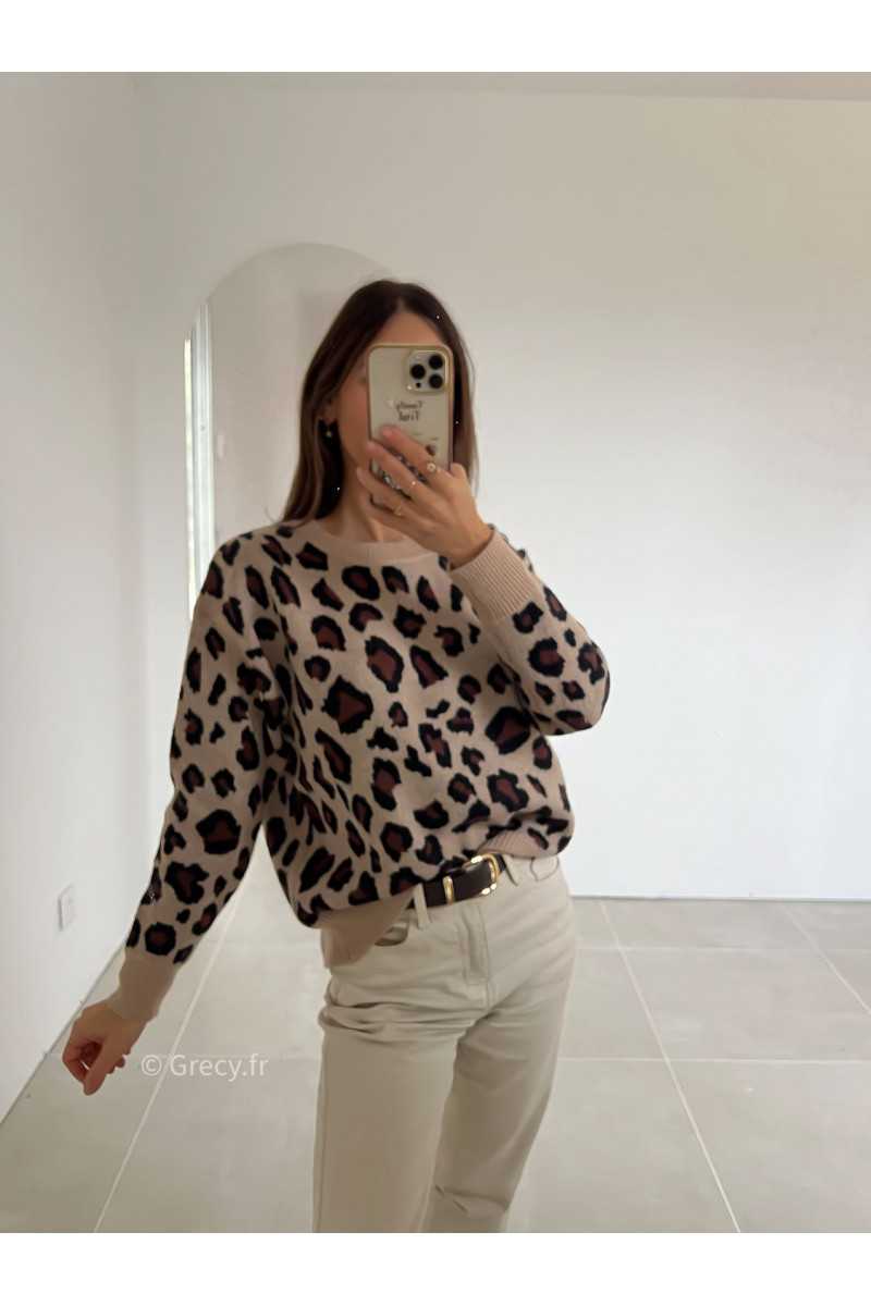 pull léopard col rond grecy mode look tendance tenue automne hiver