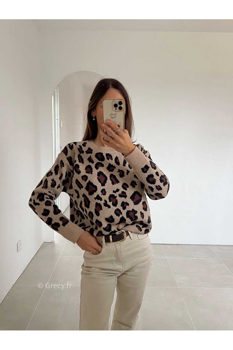 pull léopard col rond grecy mode look tendance tenue automne hiver
