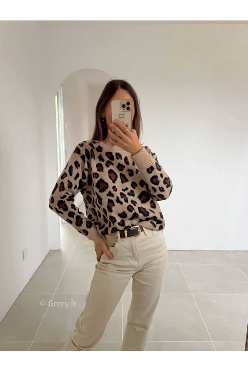 pull léopard col rond grecy mode look tendance tenue automne hiver