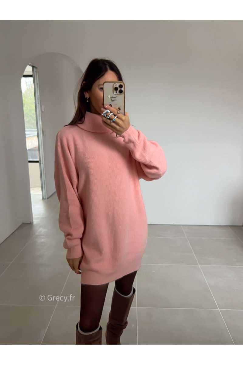 robe pull rose col roulé grecy mode look tendance tenue automne hiver