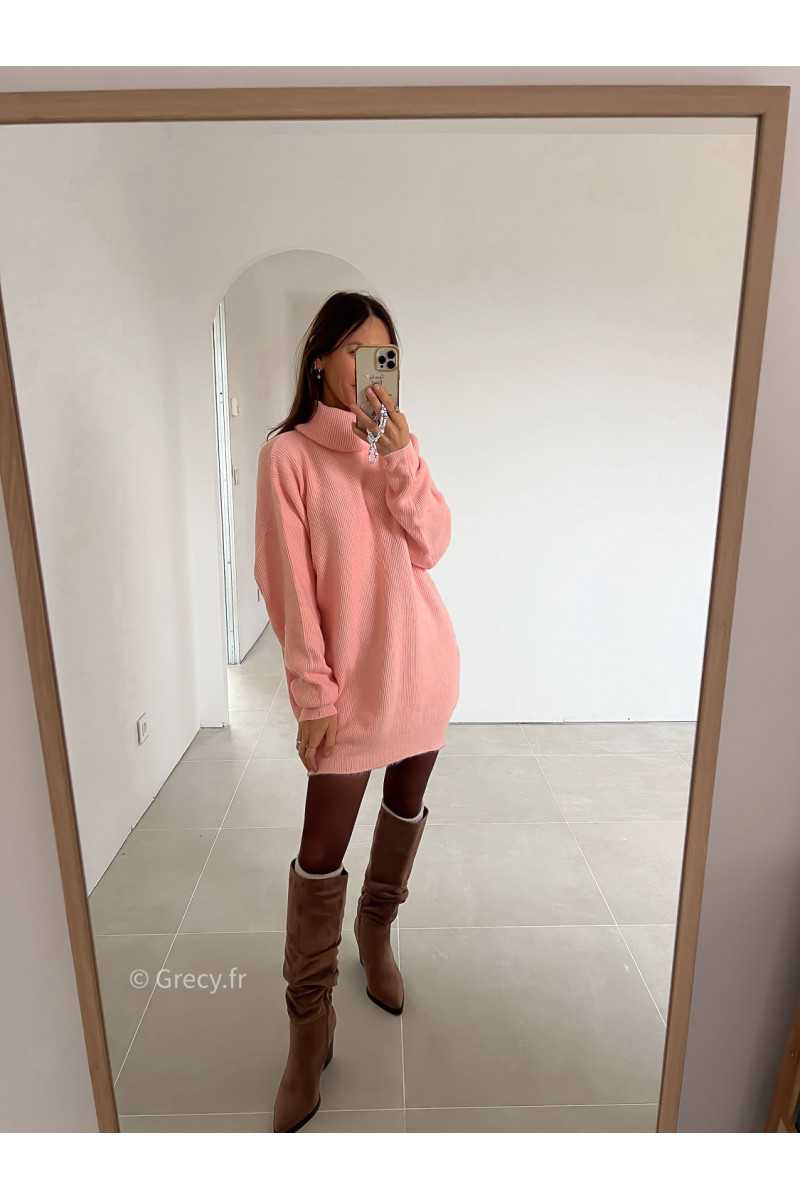 robe pull rose col roulé grecy mode look tendance tenue automne hiver