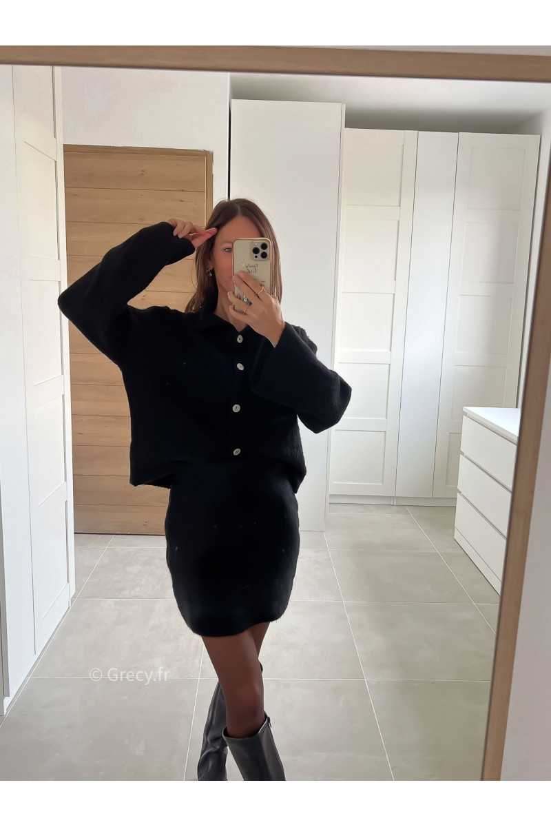 Ensemble maille jupe et gilet laine mode tendance look grecy automne hiver 2024 2025 chaud