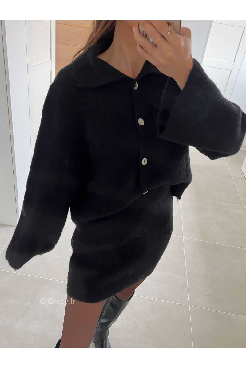 Ensemble maille jupe et gilet laine mode tendance look grecy automne hiver 2024 2025 chaud
