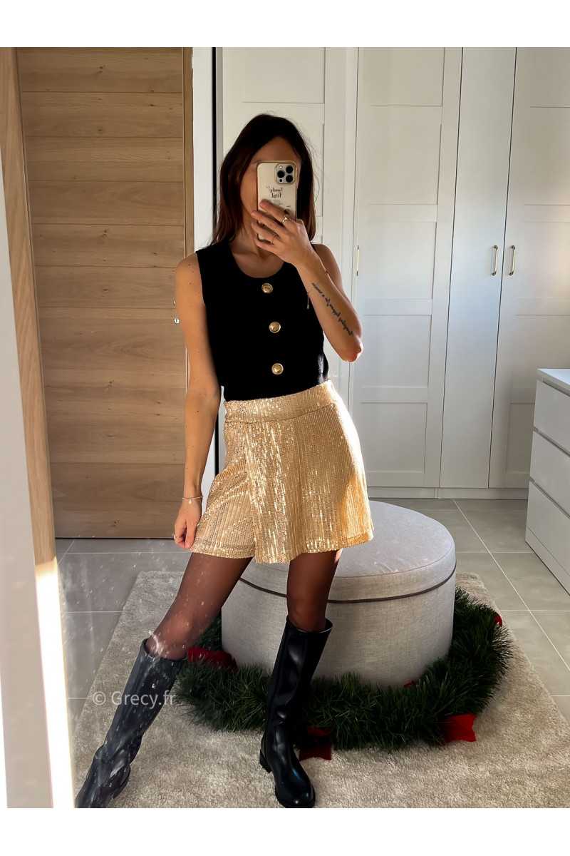 jupe short dorée or sequins pailleté noël fêtes mode tendance look grecy hiver