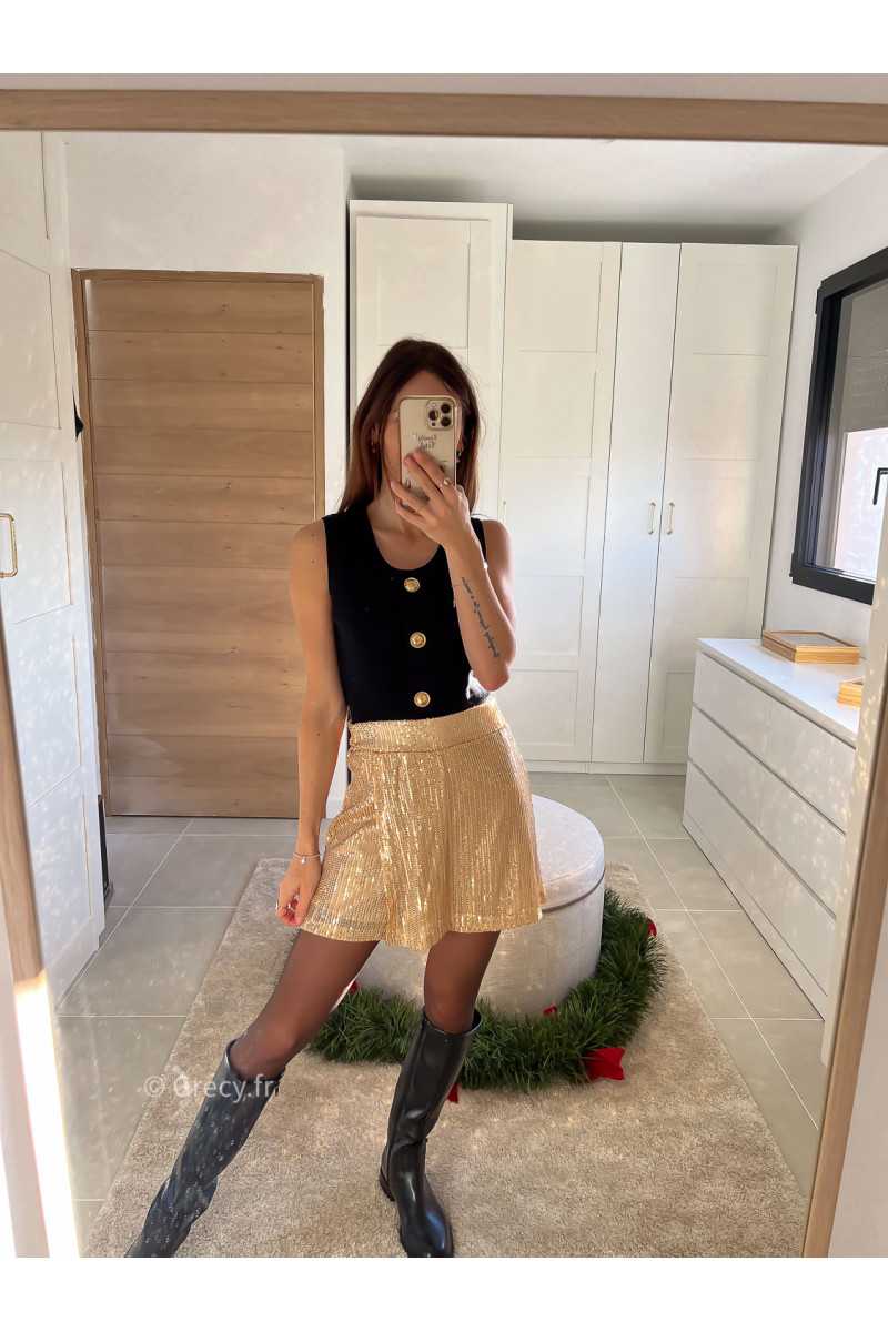jupe short dorée or sequins pailleté noël fêtes mode tendance look grecy hiver