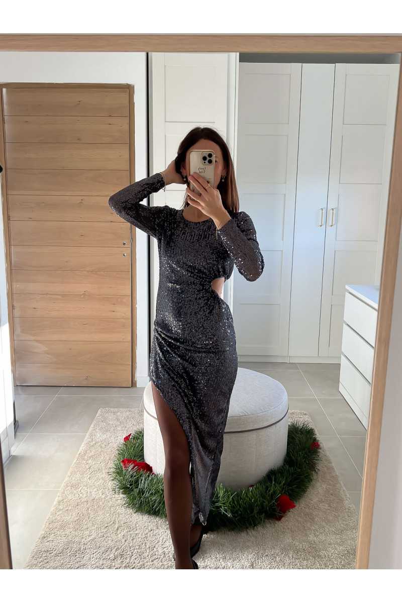 robe longue manches longues sequins pailleté grise ouverte côté fendue noël fêtes mode tendance look grecy hiver