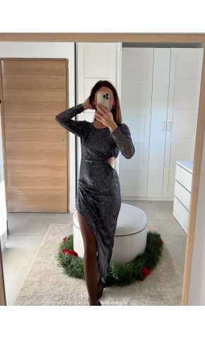 robe longue manches longues sequins pailleté grise ouverte côté fendue noël fêtes mode tendance look grecy hiver