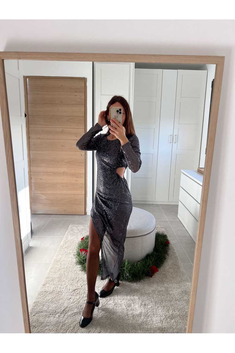 robe longue manches longues sequins pailleté grise ouverte côté fendue noël fêtes mode tendance look grecy hiver