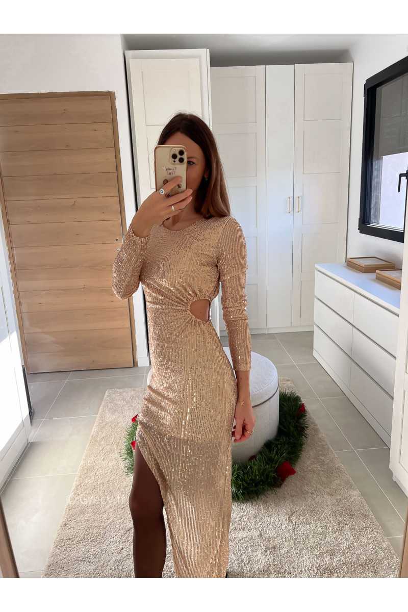 robe longue manches longues sequins pailleté dorée or ouverte côté fendue noël fêtes mode tendance look grecy hiver