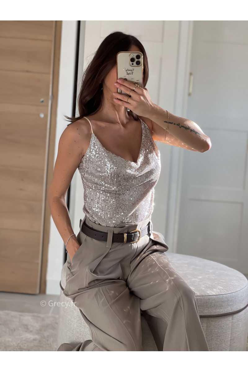 débardeur sequins beige champagne pailleté noël fêtes mode tendance look grecy hiver