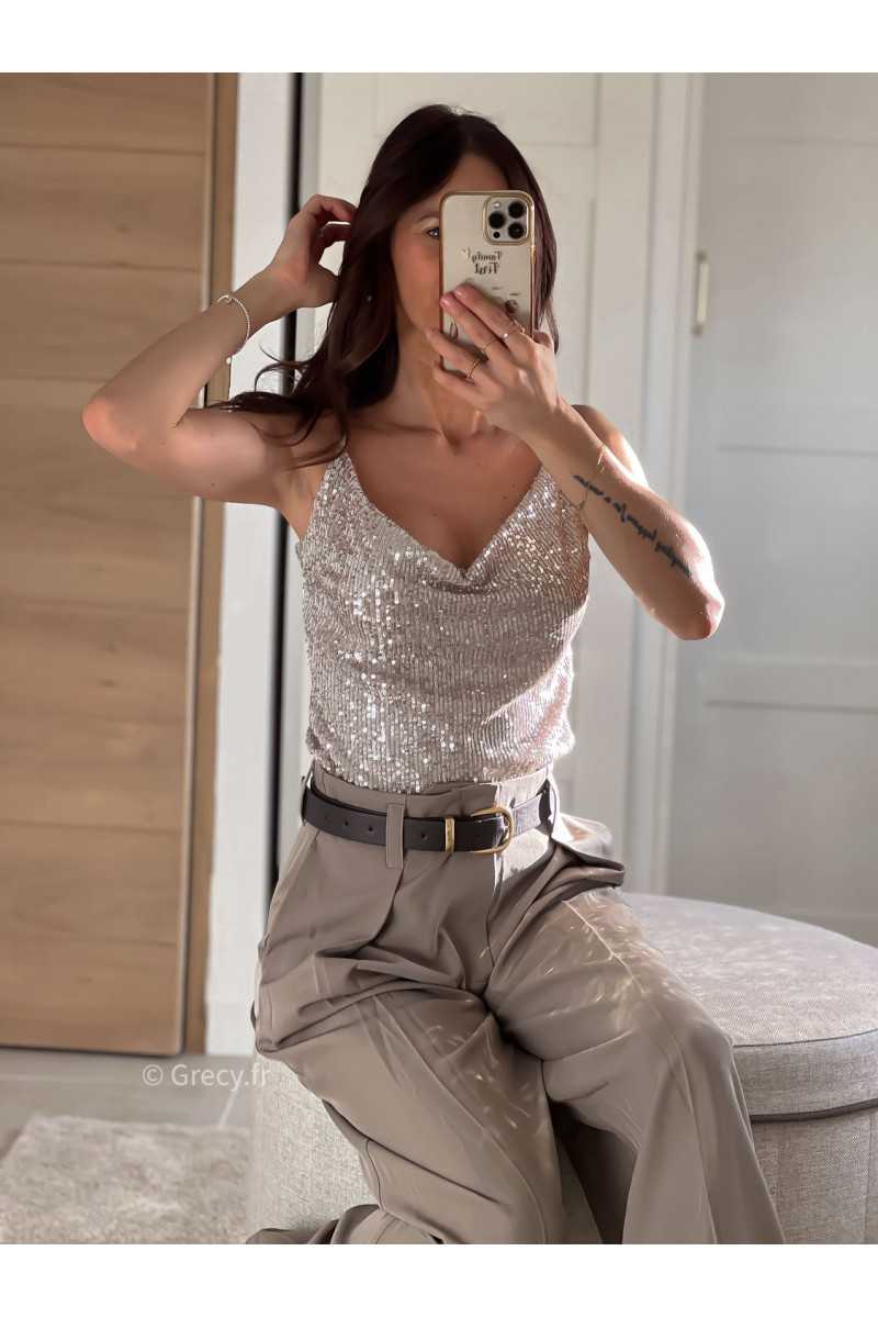 débardeur sequins beige champagne pailleté noël fêtes mode tendance look grecy hiver