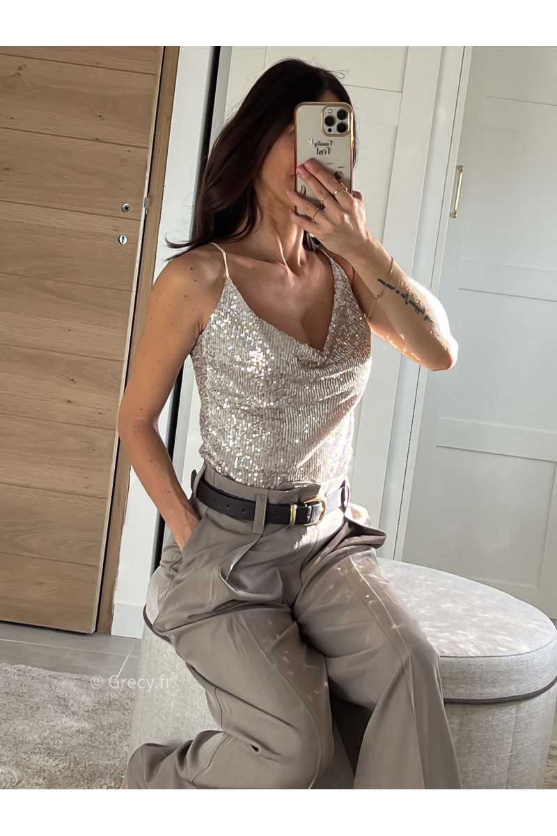 débardeur sequins beige champagne pailleté noël fêtes mode tendance look grecy hiver