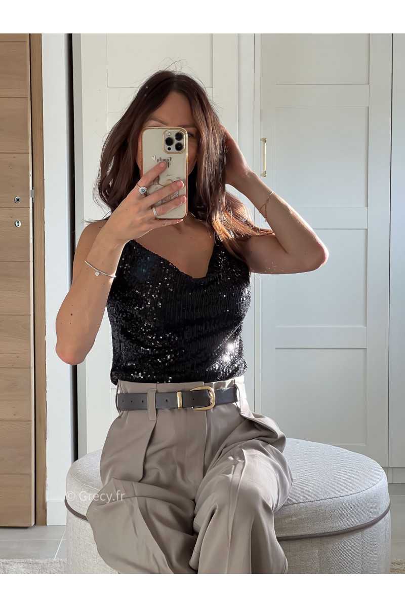 débardeur sequins noir pailleté noël fêtes mode tendance look grecy hiver