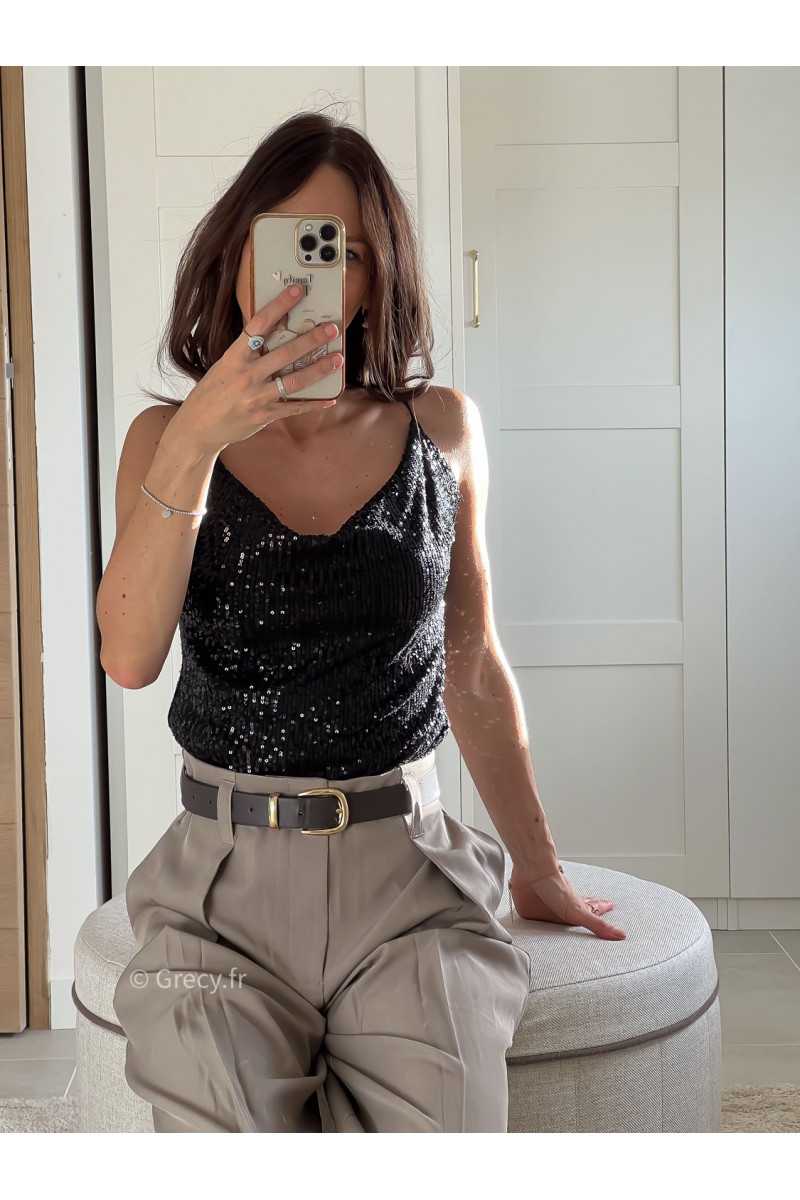 débardeur sequins noir pailleté noël fêtes mode tendance look grecy hiver