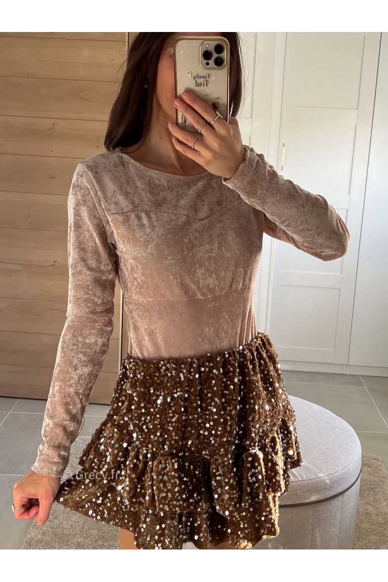 Body velours beige manches longues tenue de fête Noel grecy mode tendance look