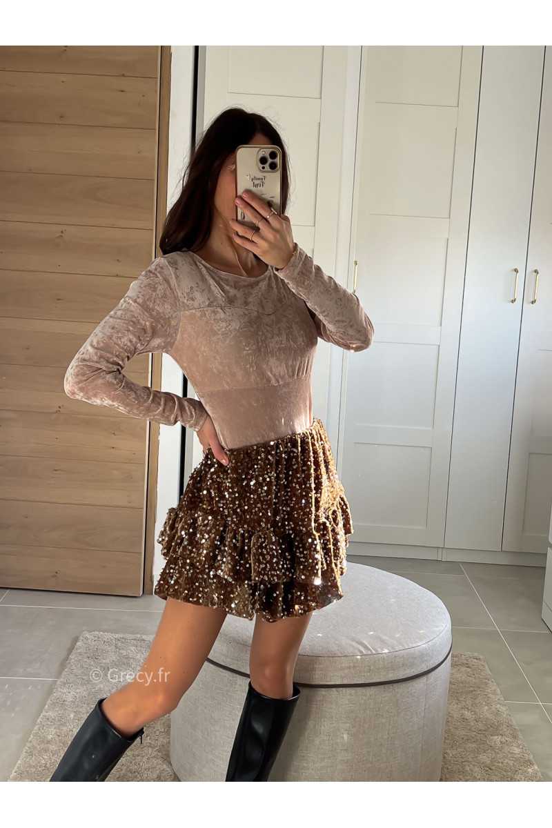 Body velours beige manches longues tenue de fête Noel grecy mode tendance look