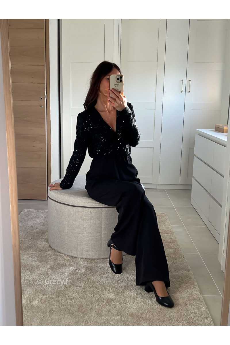 Combinaison Sequins Noire manches longues cache coeur tenue de fête Noel grecy mode tendance look