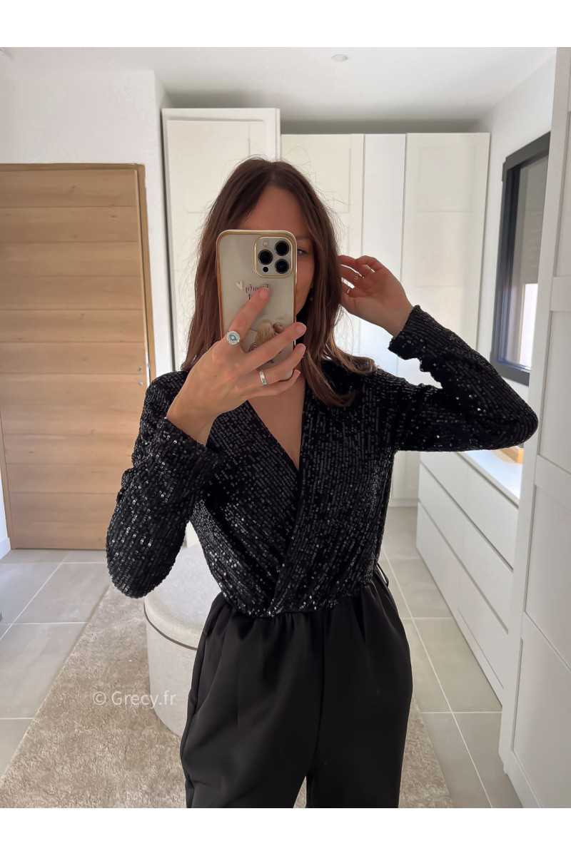 Combinaison Sequins Noire manches longues cache coeur tenue de fête Noel grecy mode tendance look