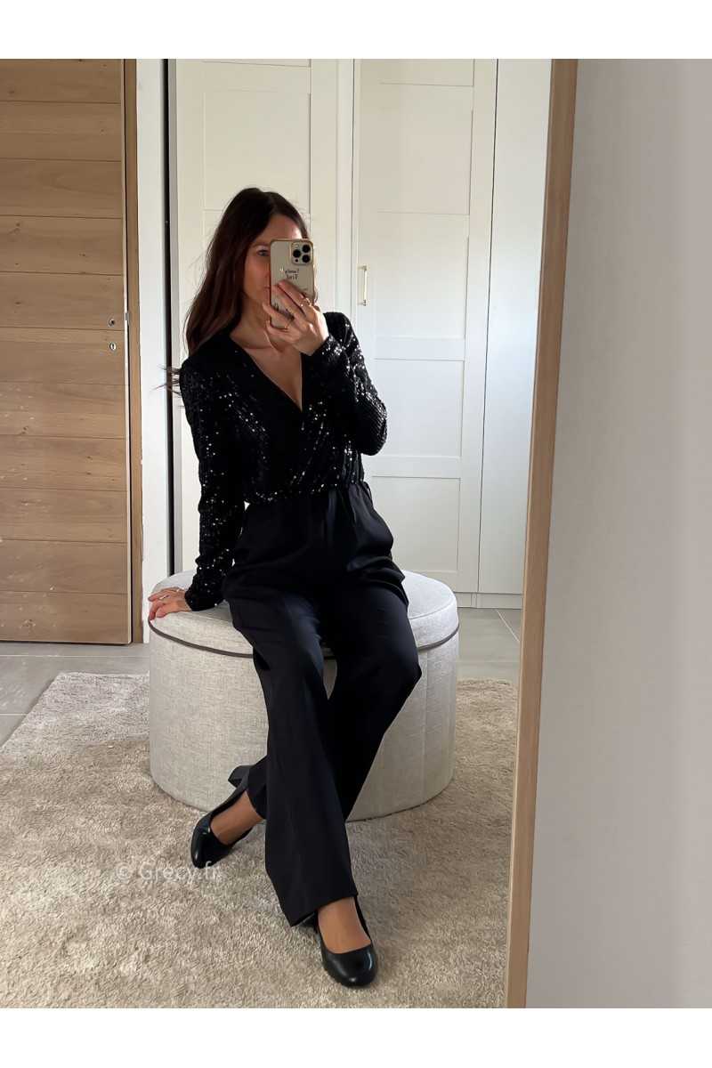 Combinaison Sequins Noire manches longues cache coeur tenue de fête Noel grecy mode tendance look