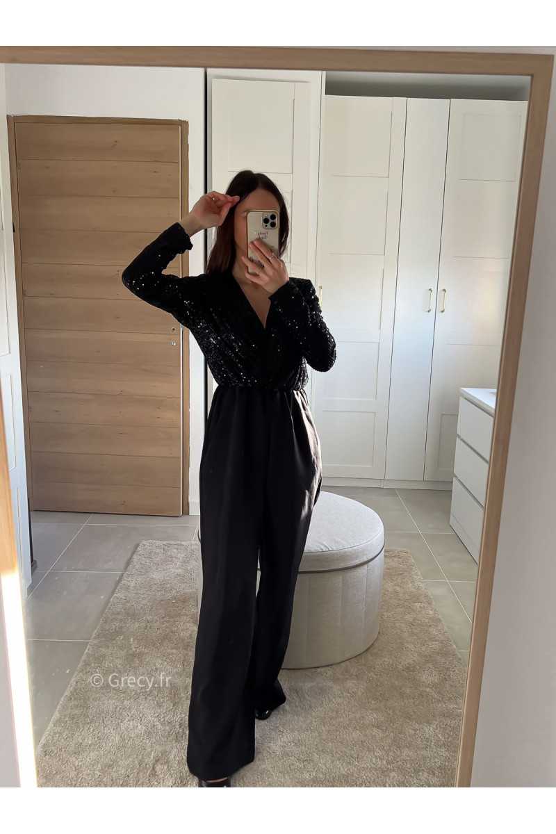 Combinaison Sequins Noire manches longues cache coeur tenue de fête Noel grecy mode tendance look