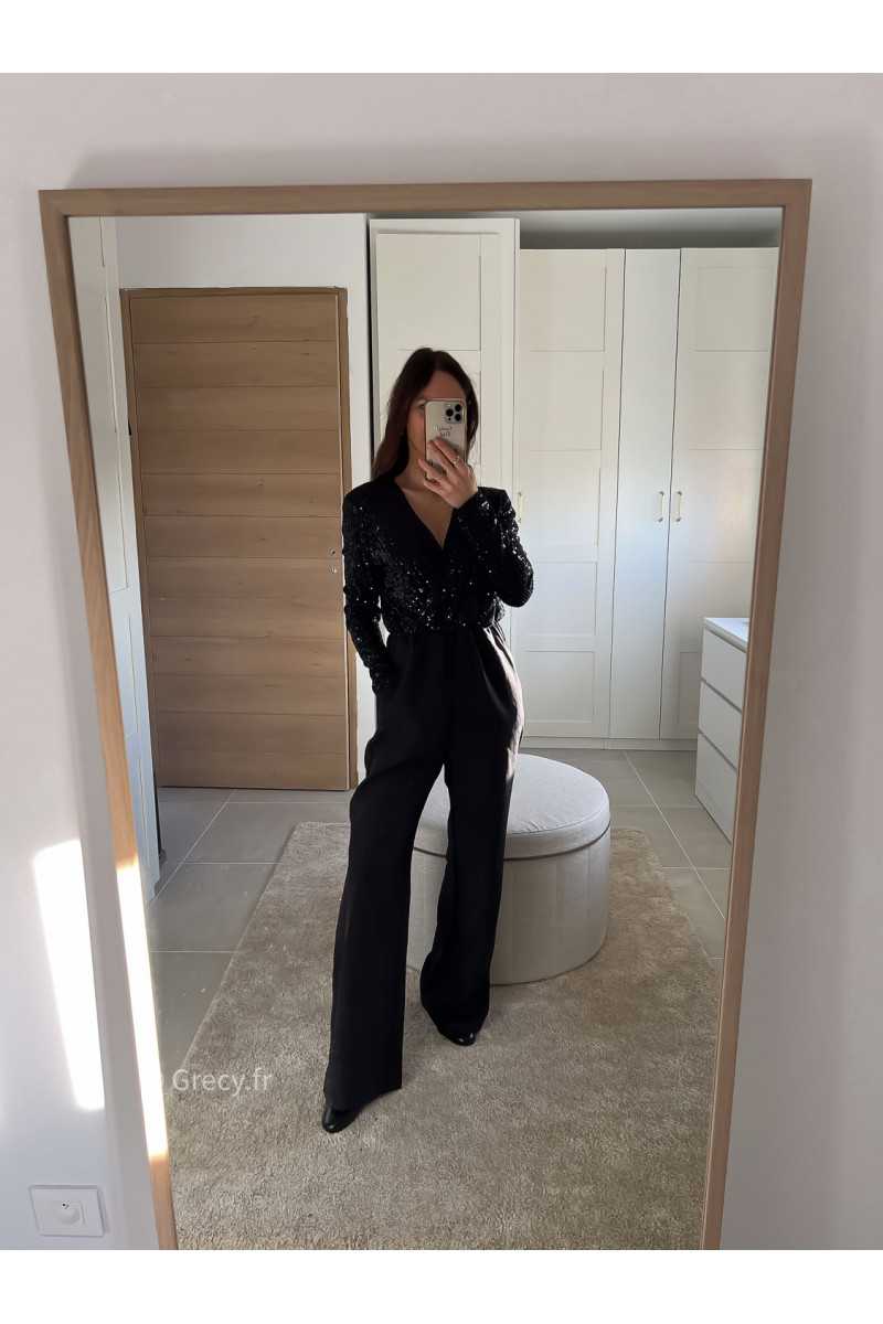 Combinaison Sequins Noire manches longues cache coeur tenue de fête Noel grecy mode tendance look