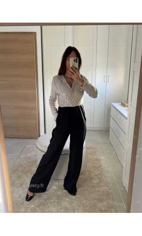 Combinaison Sequins beige champagne doré manches longues cache coeur tenue de fête Noel grecy mode tendance look