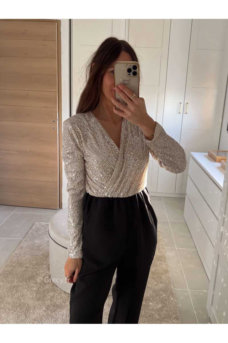 Combinaison Sequins beige champagne doré manches longues cache coeur tenue de fête Noel grecy mode tendance look