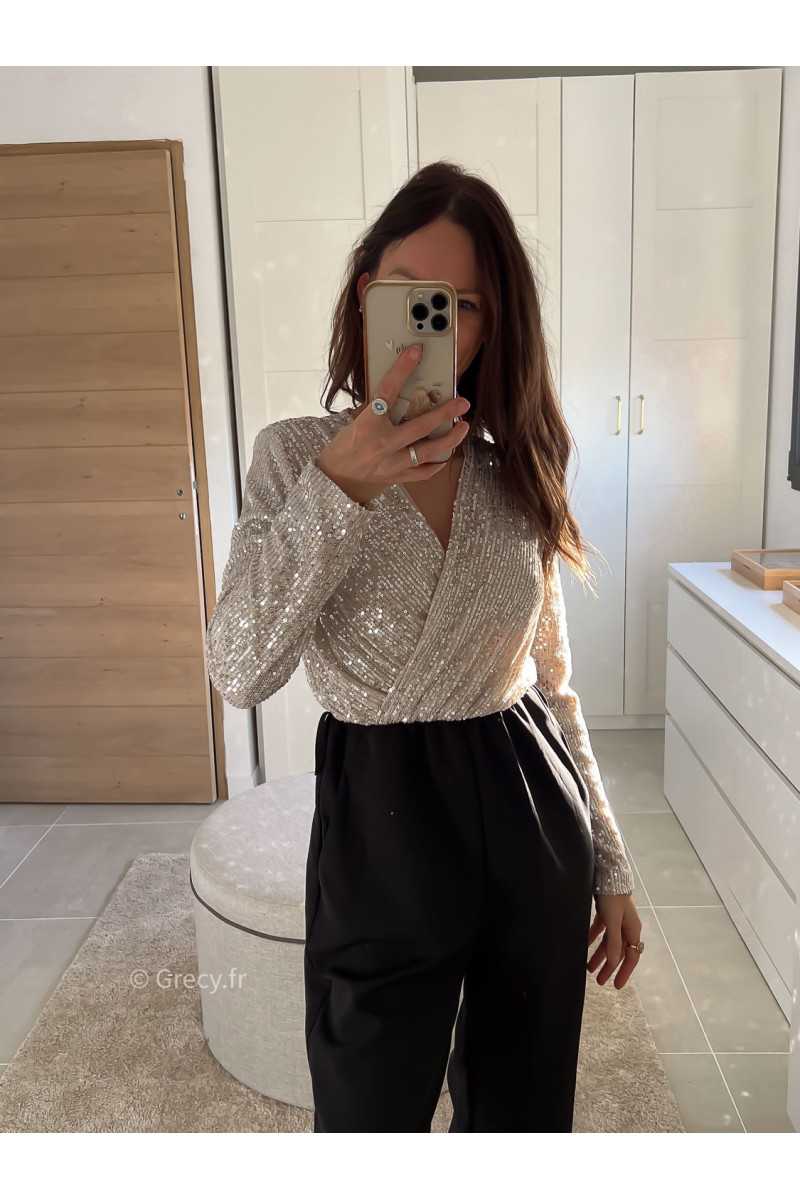 Combinaison Sequins beige champagne doré manches longues cache coeur tenue de fête Noel grecy mode tendance look
