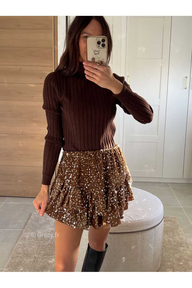 Jupe short sequins marron chocolat tenue de fête Noel grecy mode tendance look