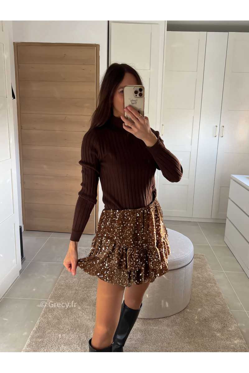 Jupe short sequins marron chocolat tenue de fête Noel grecy mode tendance look