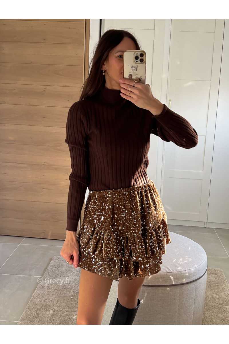 Jupe short sequins marron chocolat tenue de fête Noel grecy mode tendance look