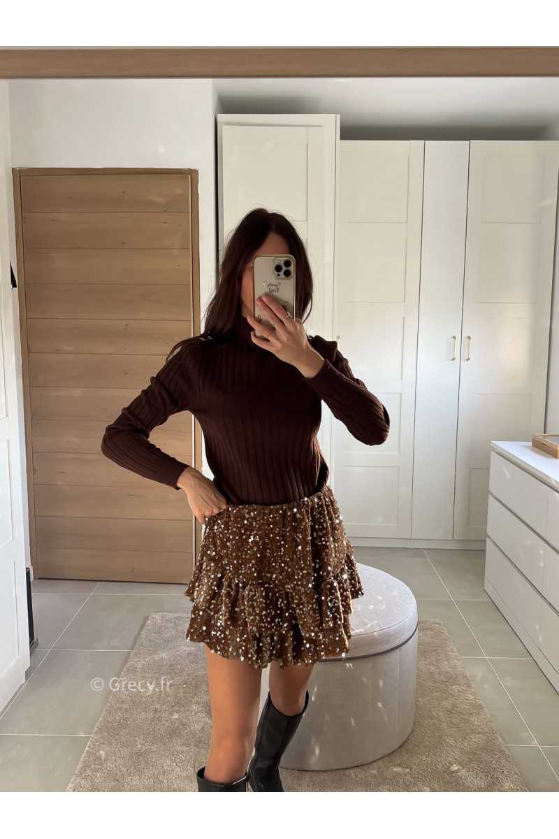 Jupe short sequins marron chocolat tenue de fête Noel grecy mode tendance look