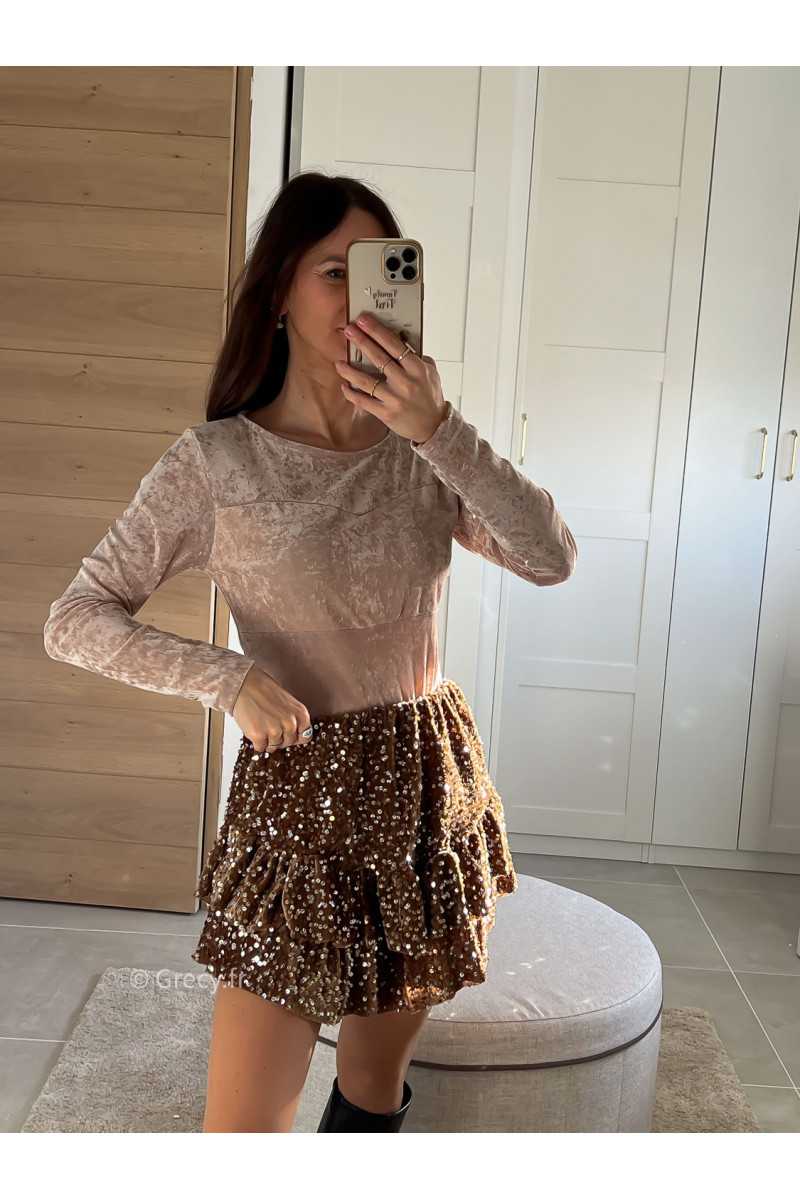 Jupe short sequins marron chocolat tenue de fête Noel grecy mode tendance look