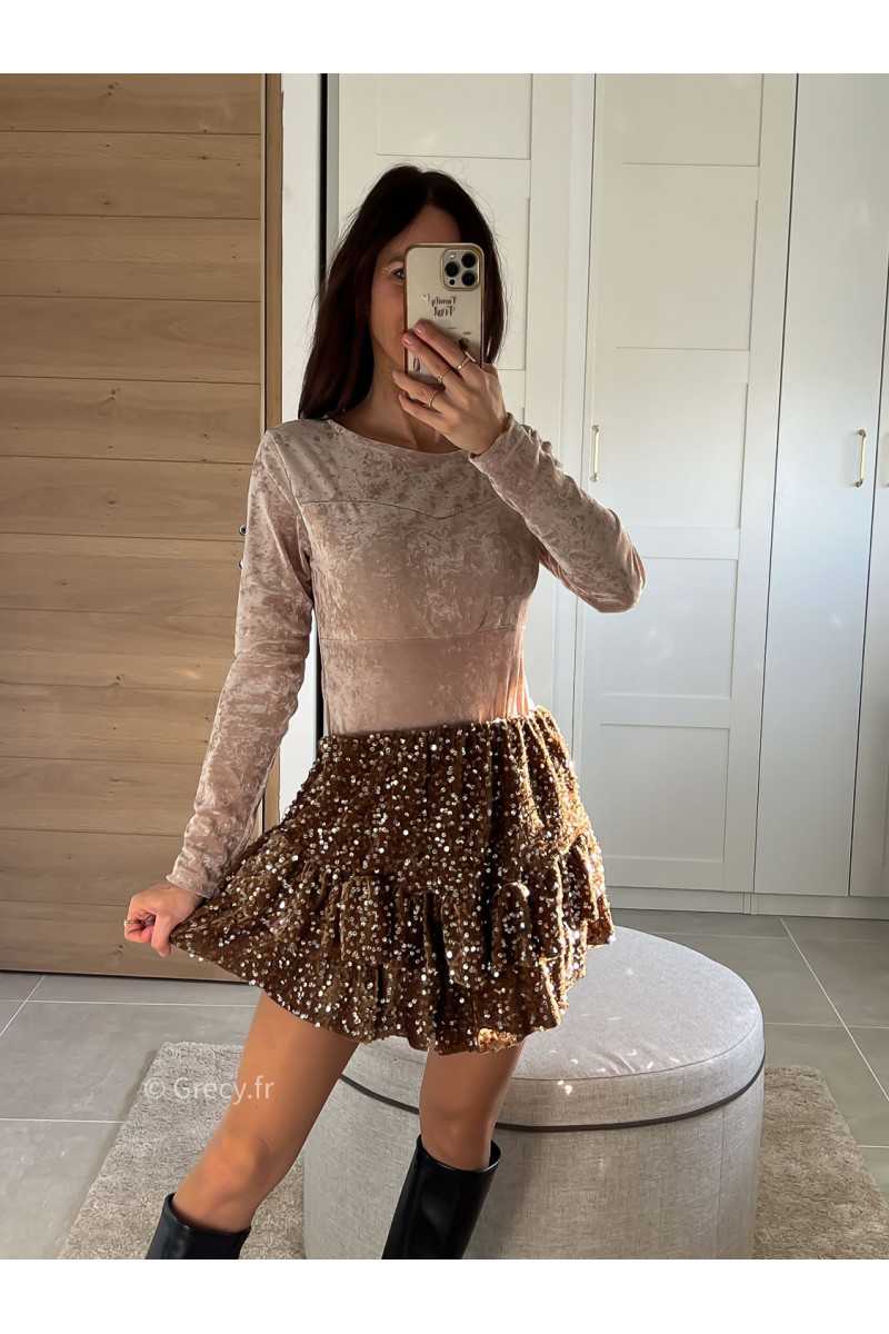 Jupe short sequins marron chocolat tenue de fête Noel grecy mode tendance look