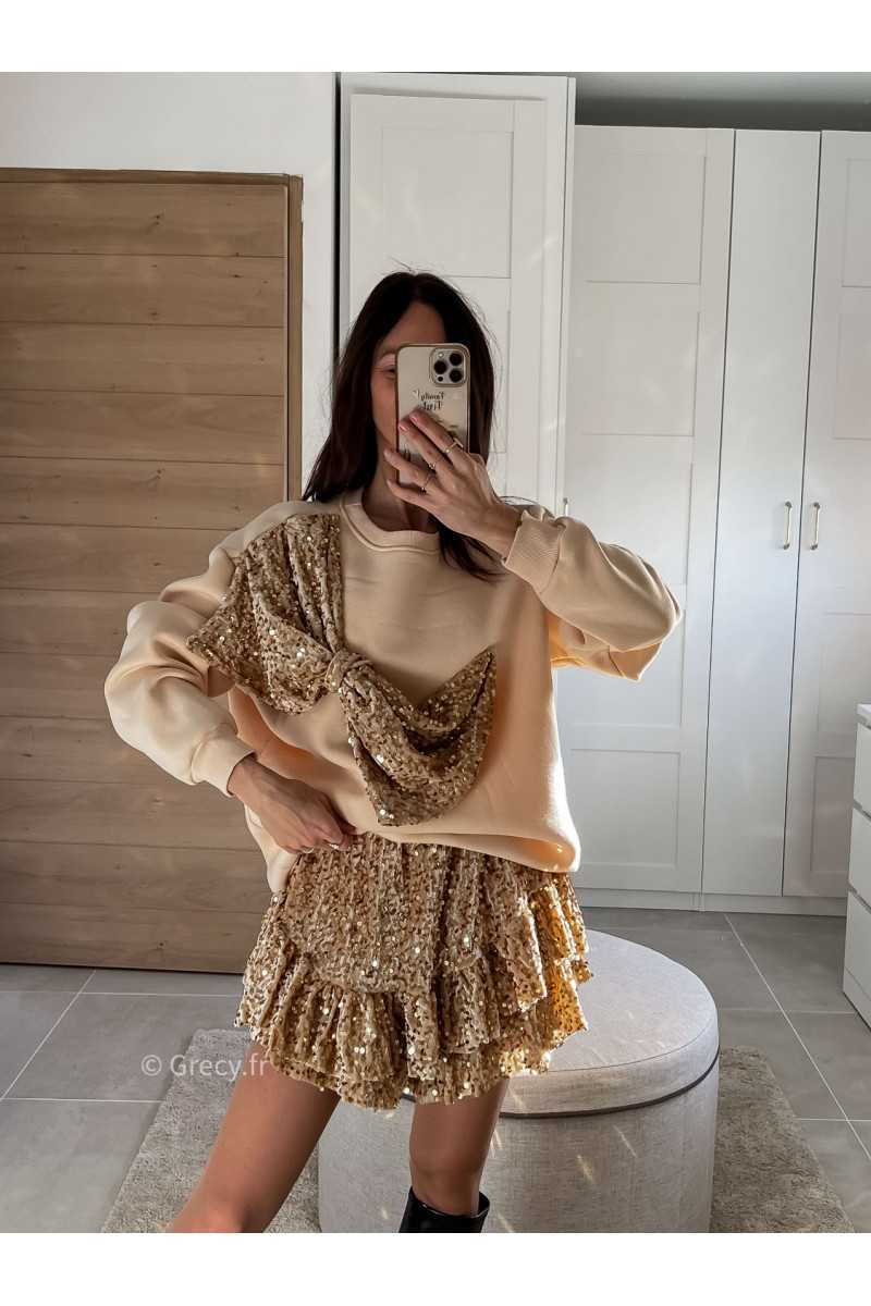 Jupe short sequins doré or tenue de fête Noel grecy mode tendance look