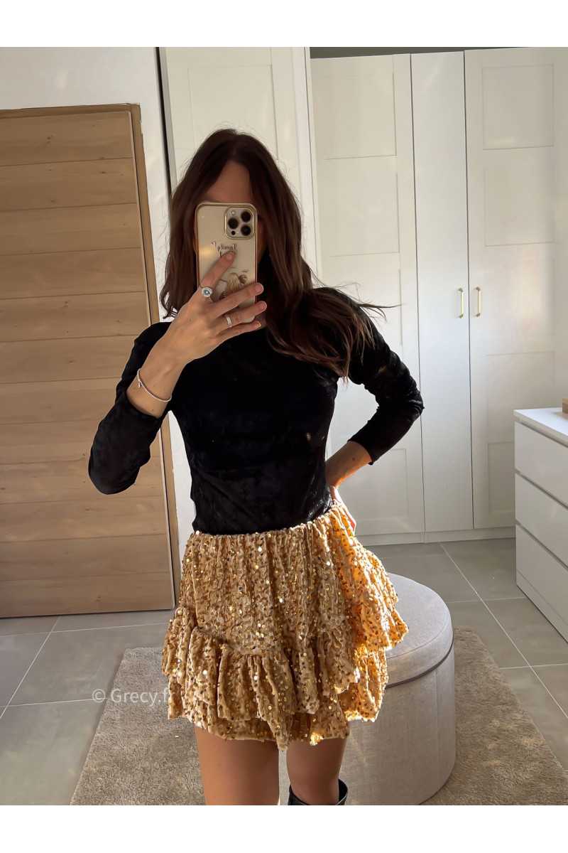 Jupe short sequins doré or tenue de fête Noel grecy mode tendance look