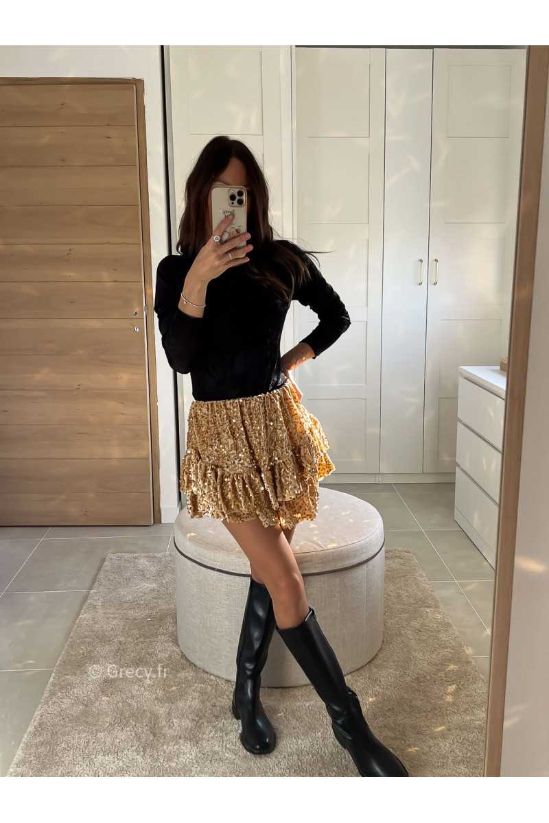 Jupe short sequins doré or tenue de fête Noel grecy mode tendance look