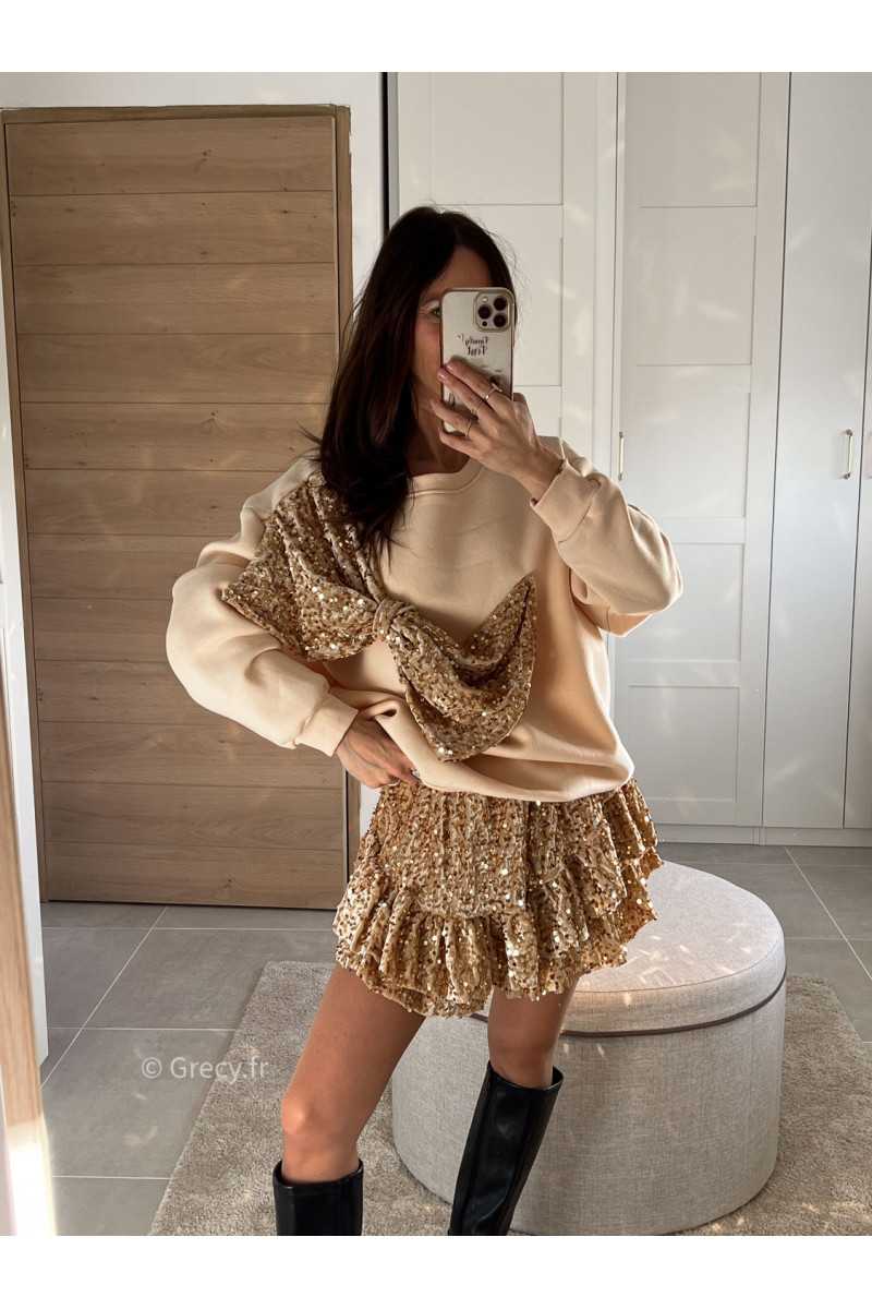 Jupe short sequins doré or tenue de fête Noel grecy mode tendance look